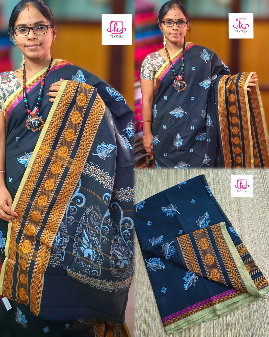 Chettinad Cotton Printed Navy blue mixed green