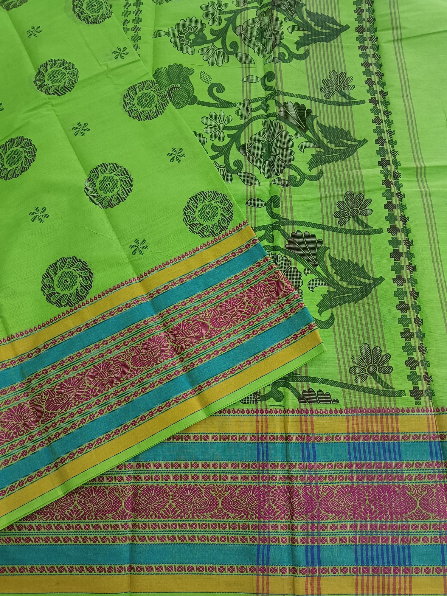 Chettinad Cotton Printed Neon  green