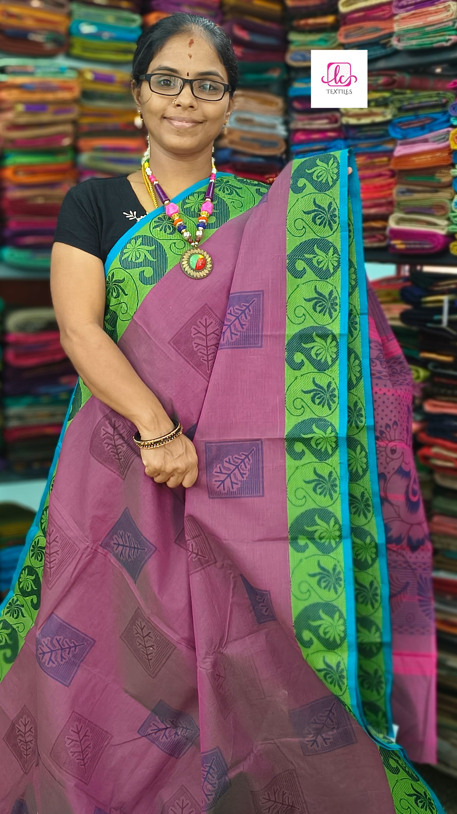 Chettinad Cotton Printed Pink mixed green dual Tone