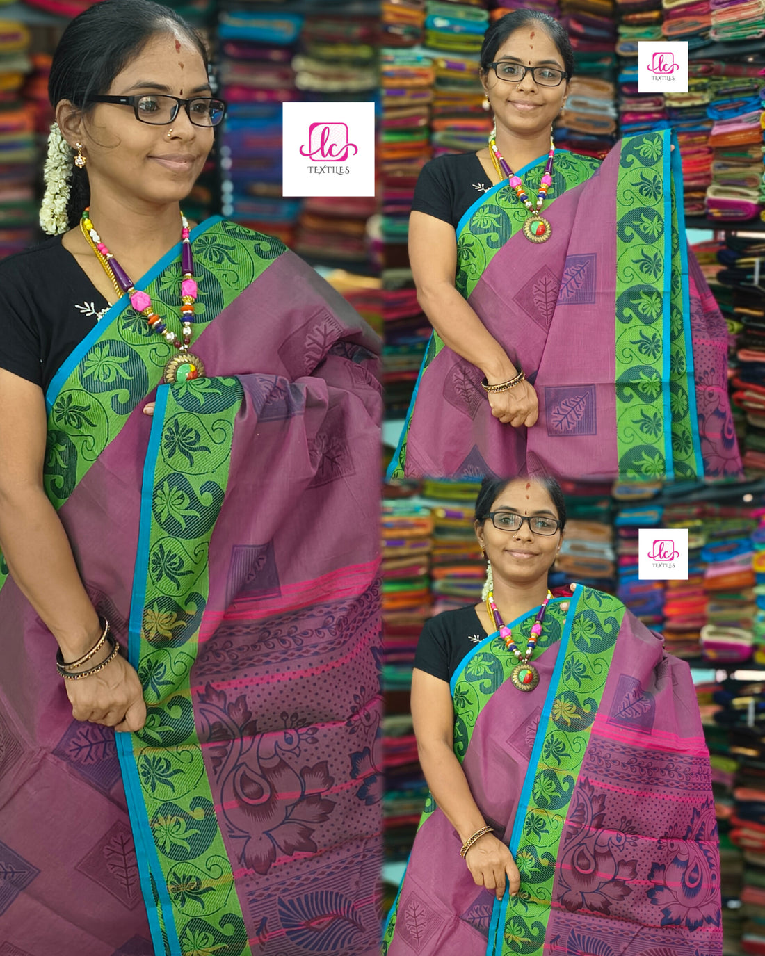 Chettinad Cotton Printed Pink mixed green dual Tone
