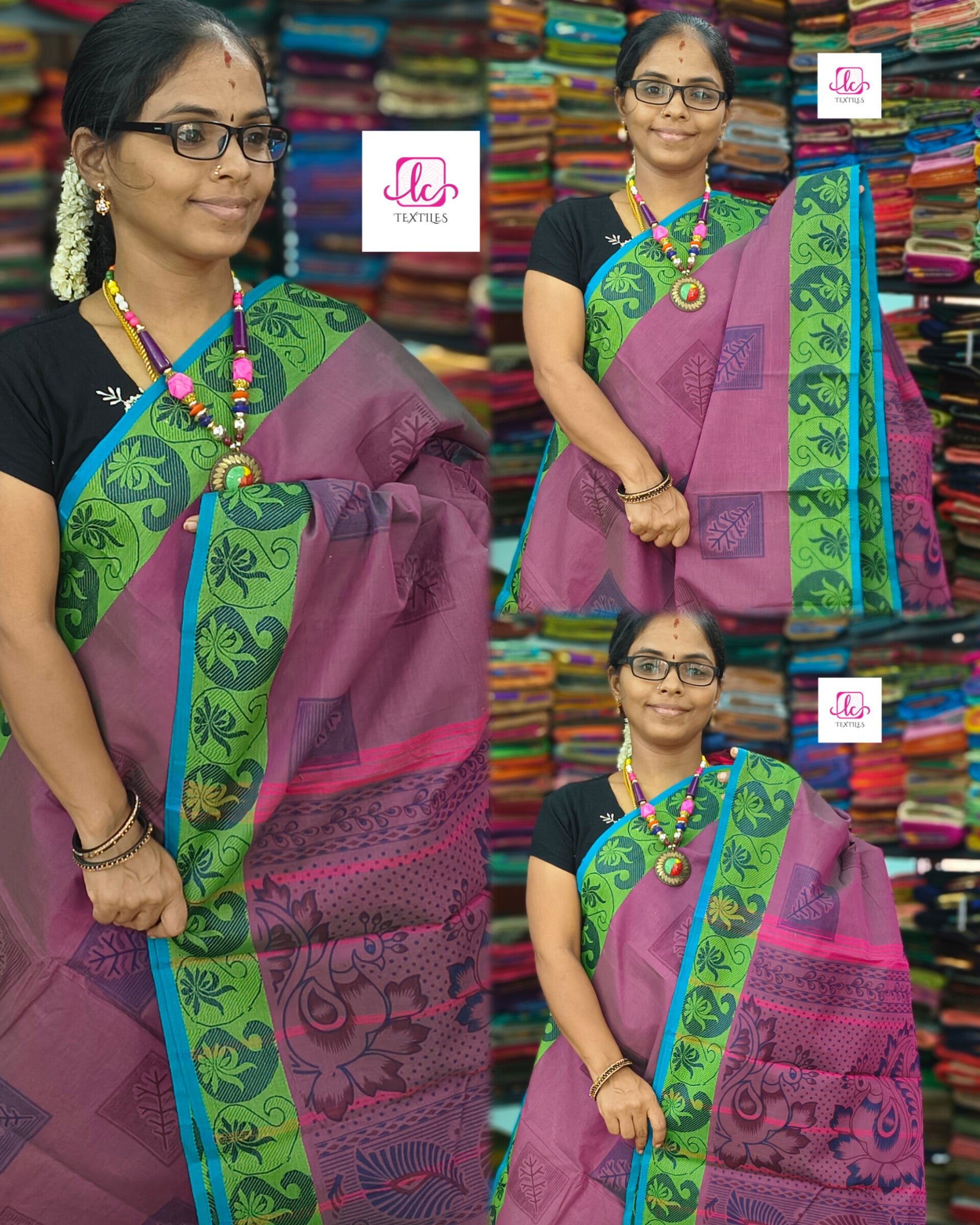 Chettinad Cotton Printed Pink mixed green dual Tone