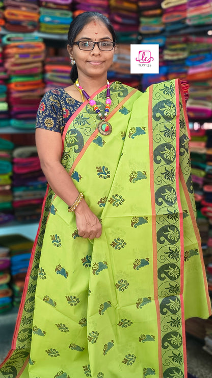 Chettinad Cotton Printed lemon yellow mixed green