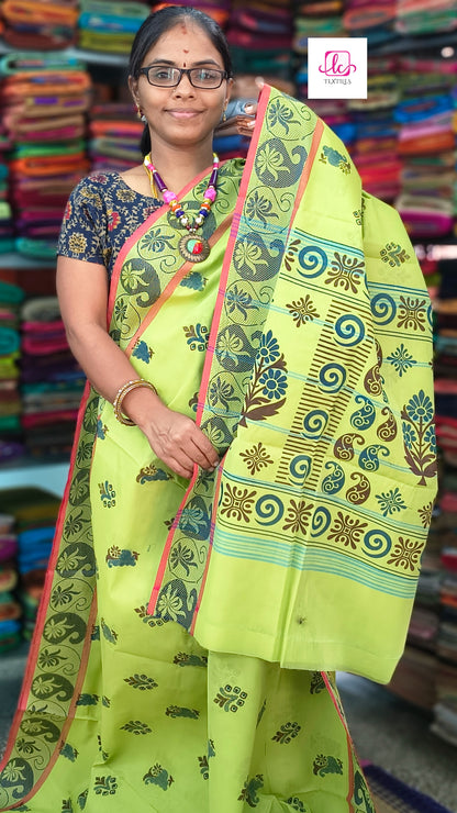 Chettinad Cotton printed lemon yellow mixed green 