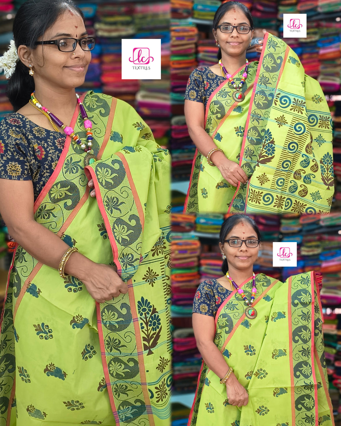 Chettinad Cotton Printed lemon yellow mixed green 