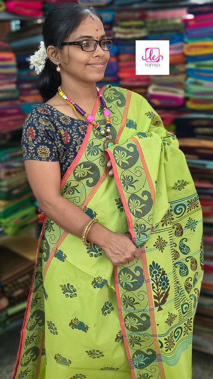 Chettinad Cotton Printed lemon yellow mixed green