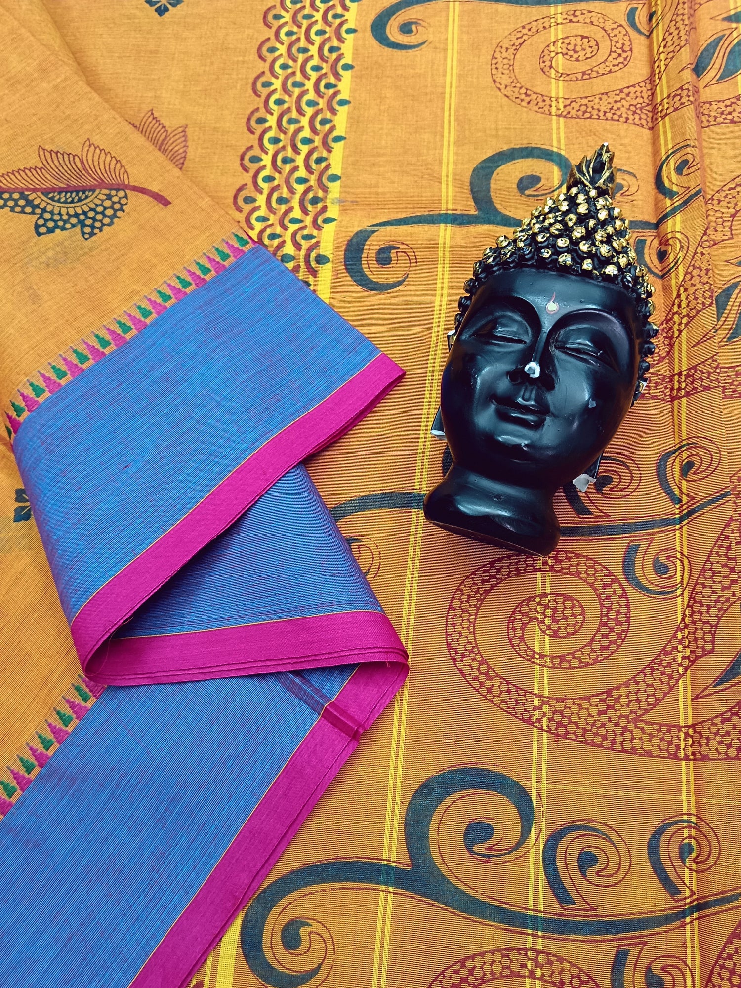 Chettinad Cotton Printed Yellow Mixed Orange