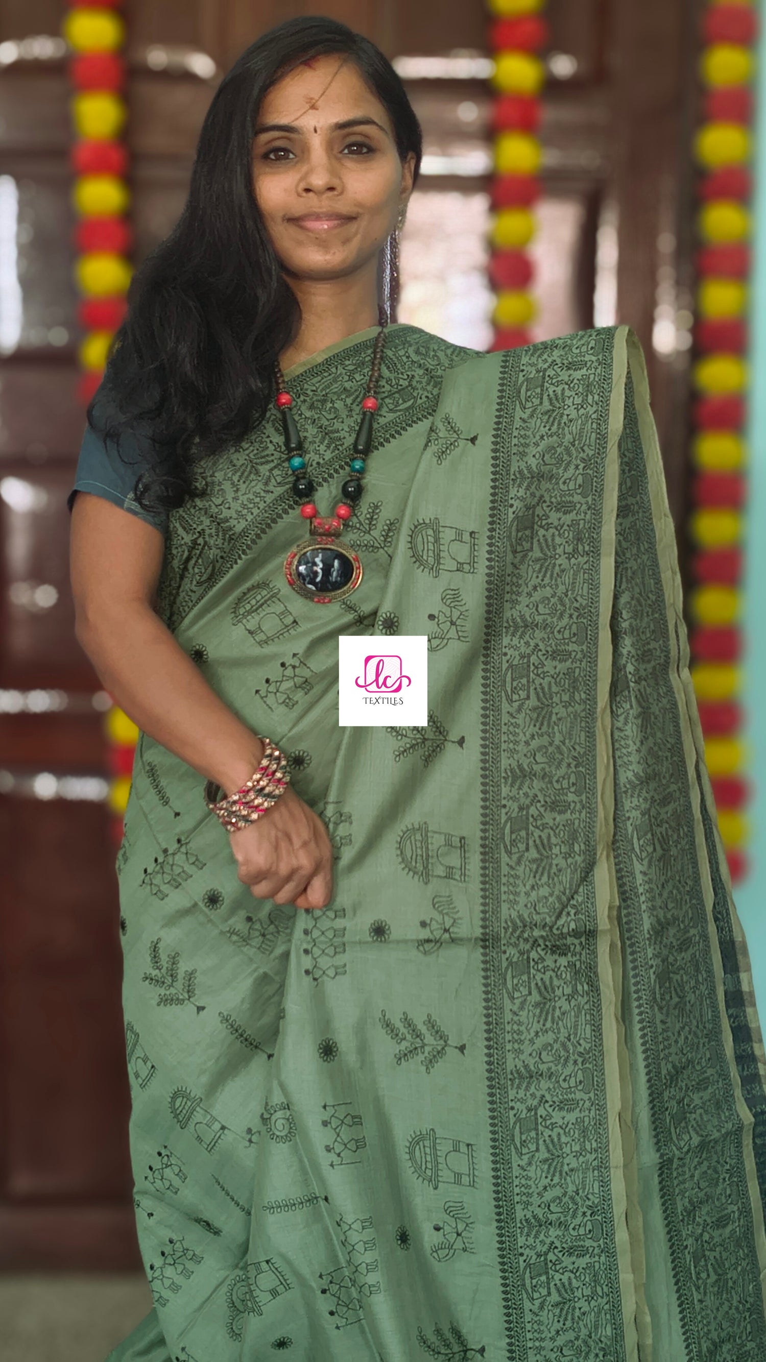 Fancy saree Madhubani cotton Dusty sage green