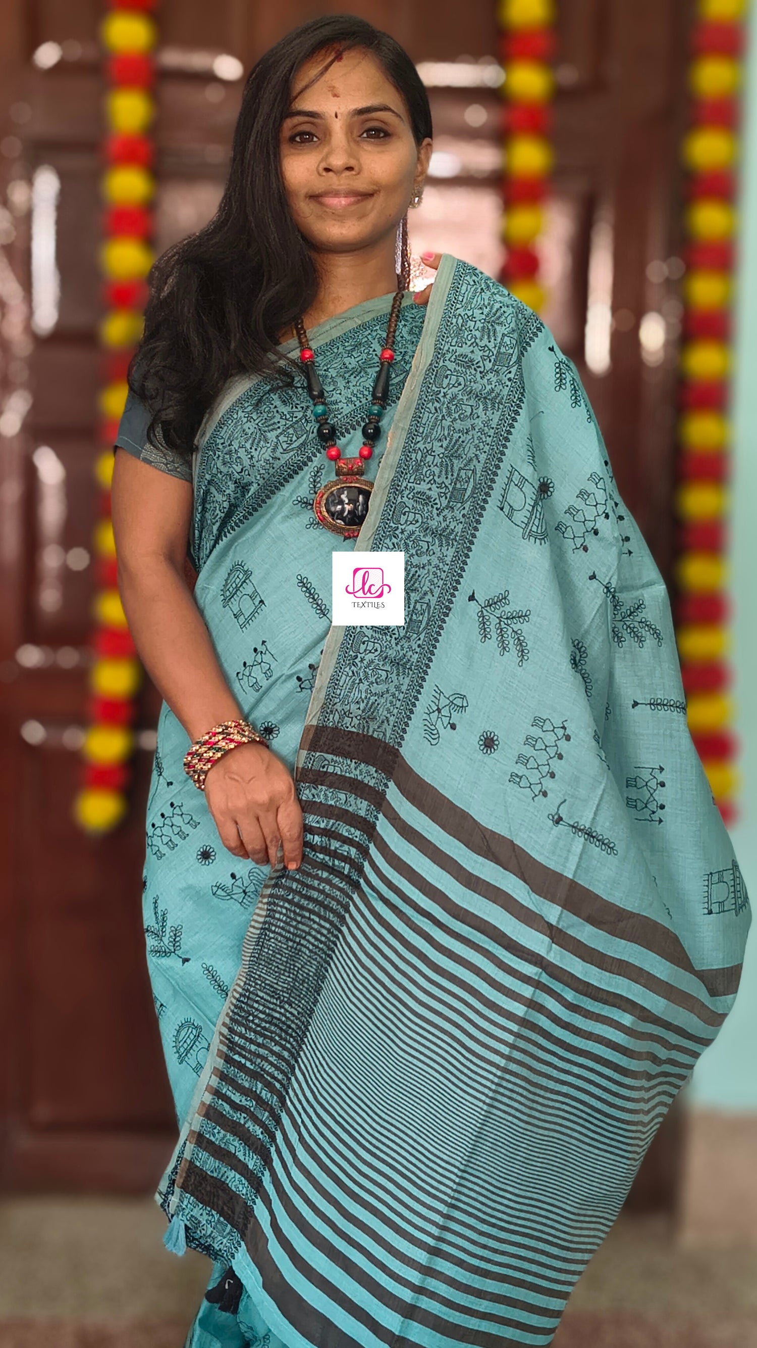 Fancy saree Madhubani cotton Dusty sea green