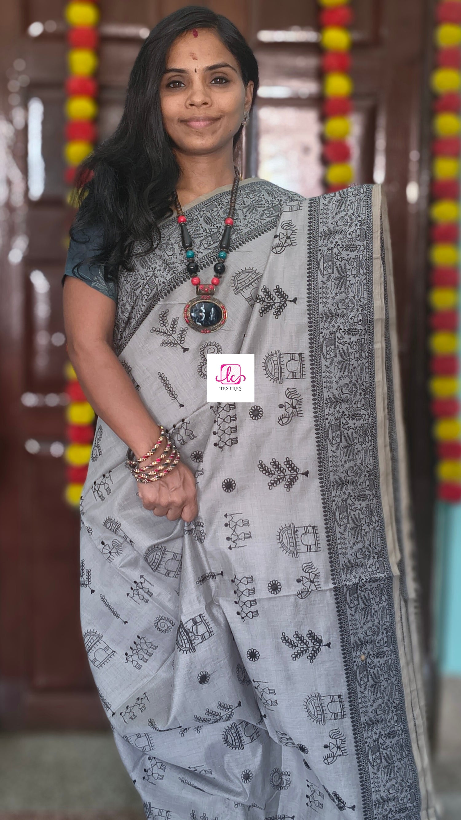 Fancy saree Madhubani cotton Grey