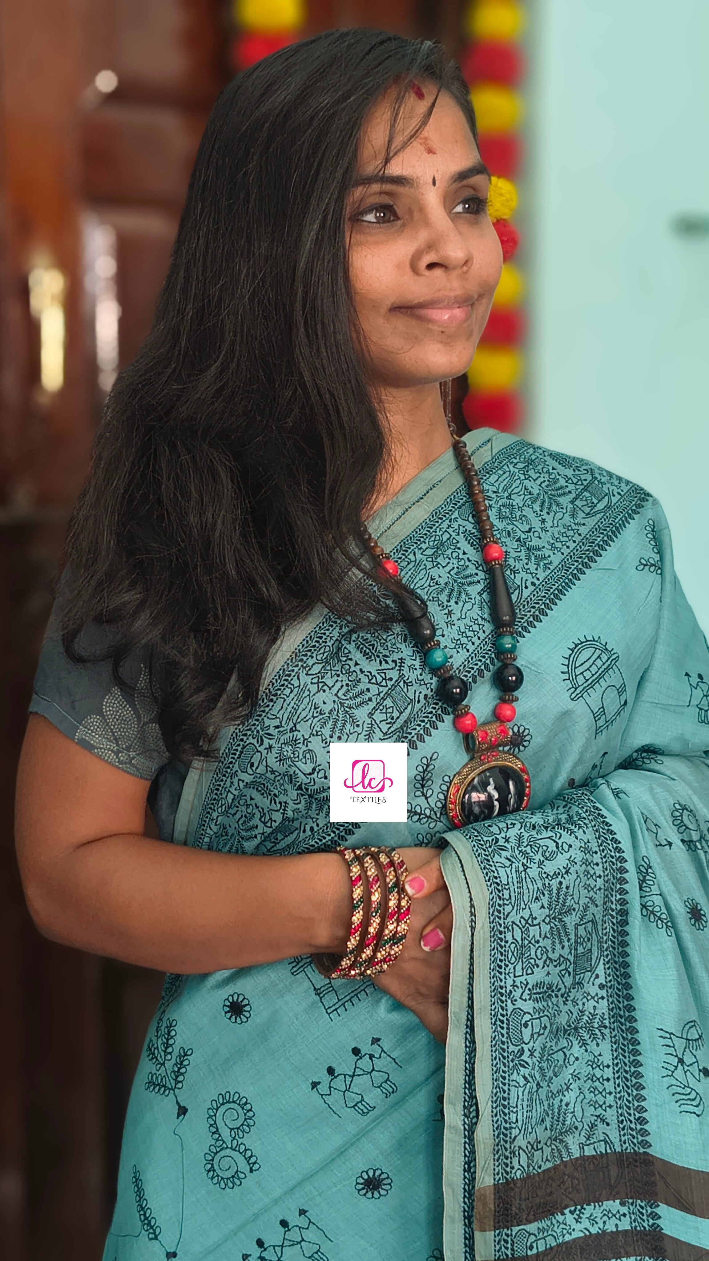 Fancy saree Madhubani cotton Dusty sea green
