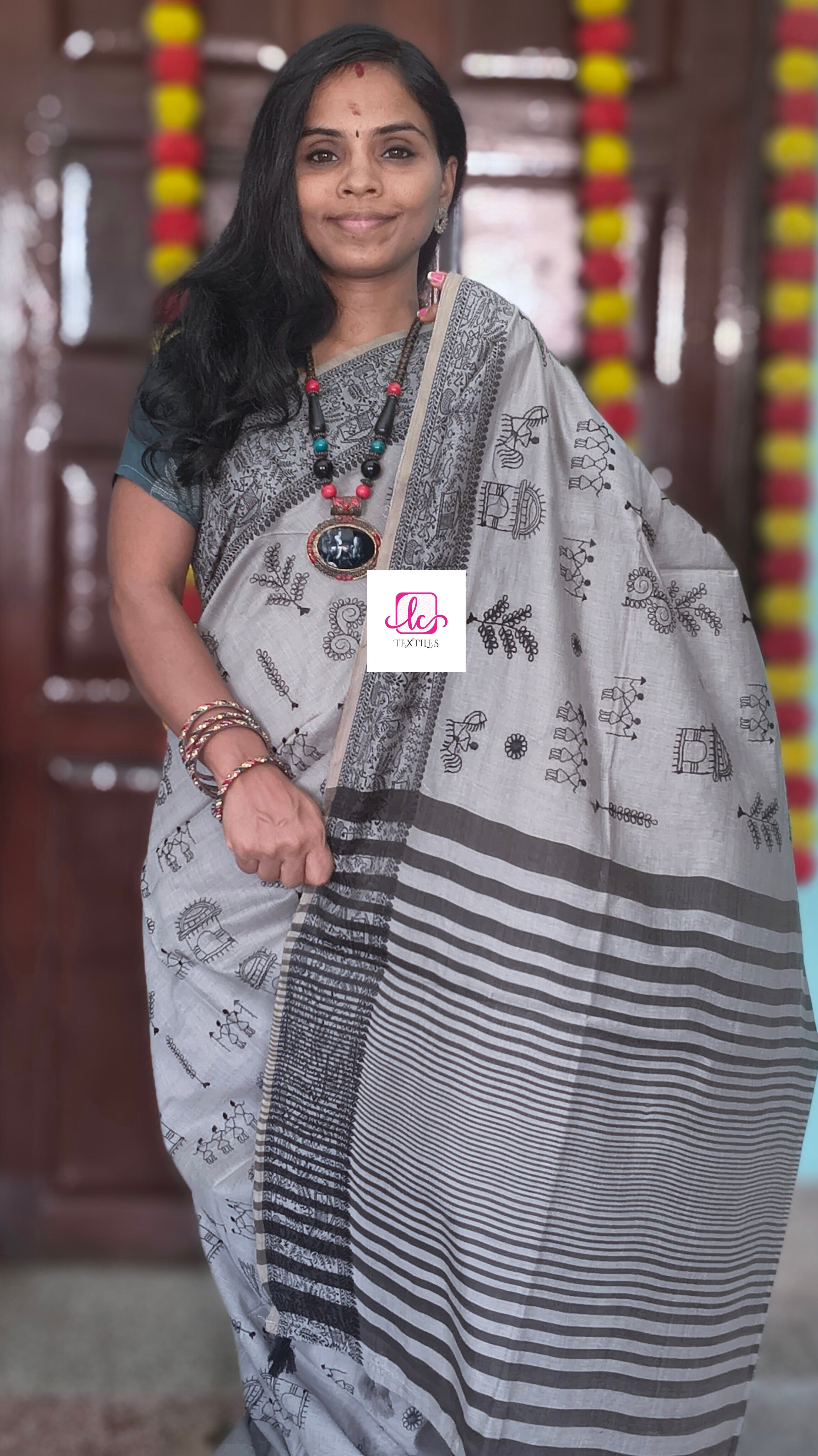 Fancy saree Madhubani cotton Grey