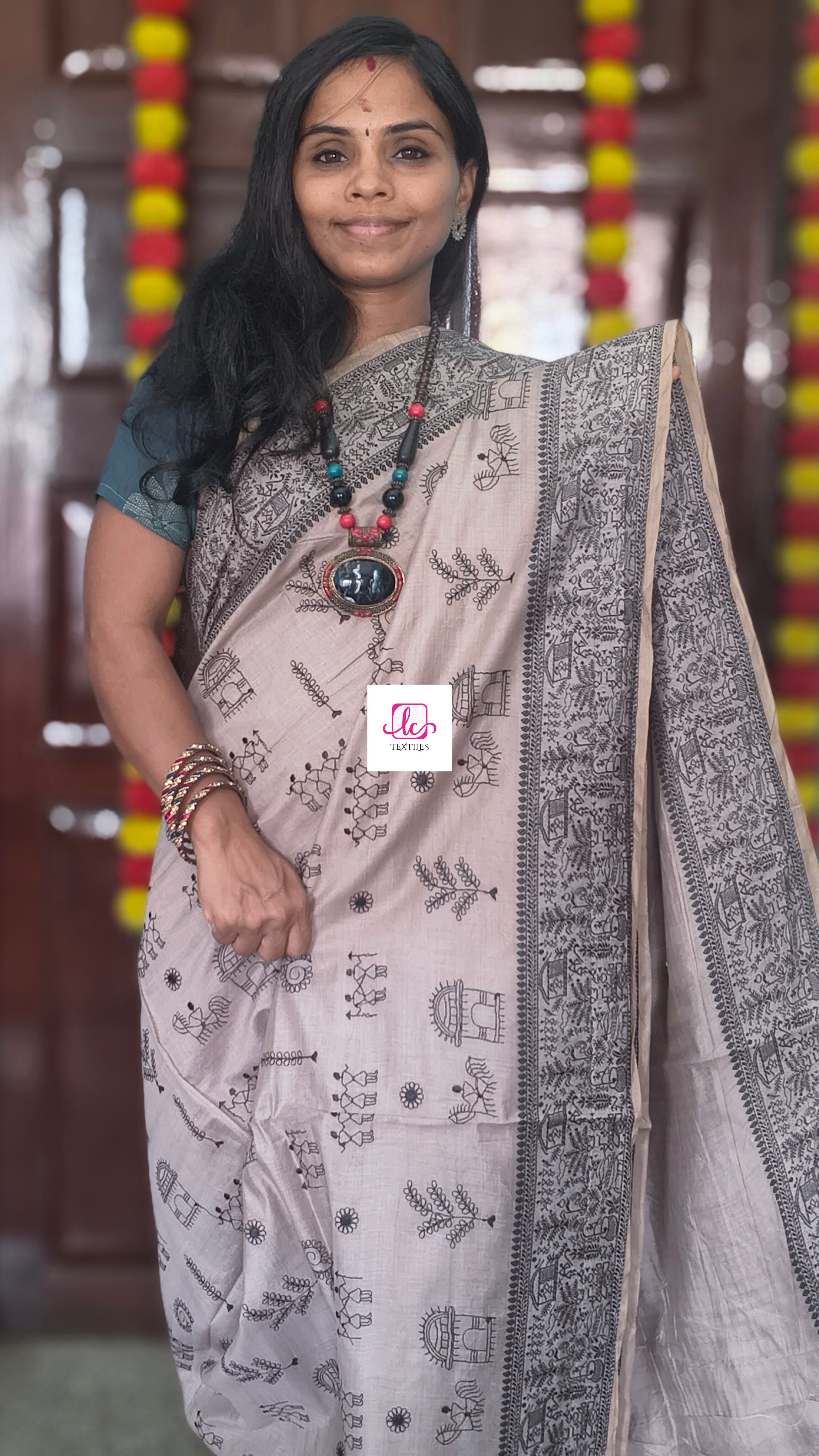 Fancy saree Madhubani cotton Ash beige