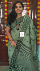 Fancy saree - Madhubani cotton-Dusty sage green-FS08