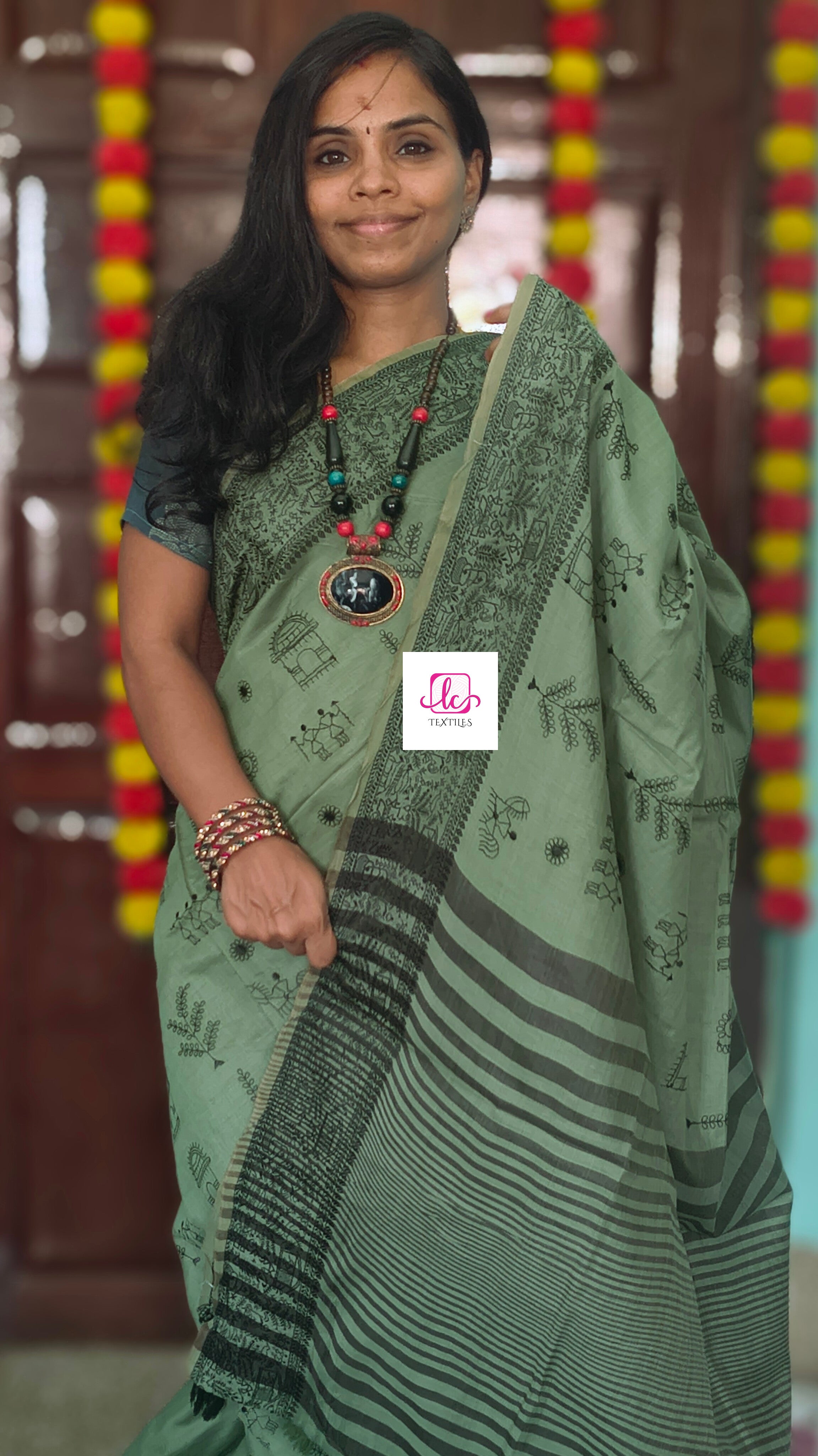 Fancy saree - Madhubani cotton-Dusty sage green-FS08