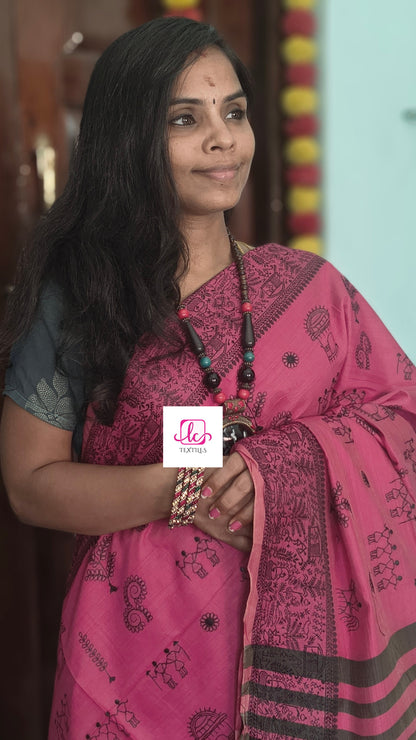 Fancy saree Madhubani cotton Warm pink