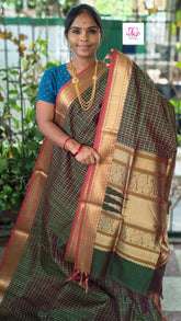 Handloom Kanchi  Silk Cotton Laksha Deepam Green mixed maroon dual tone