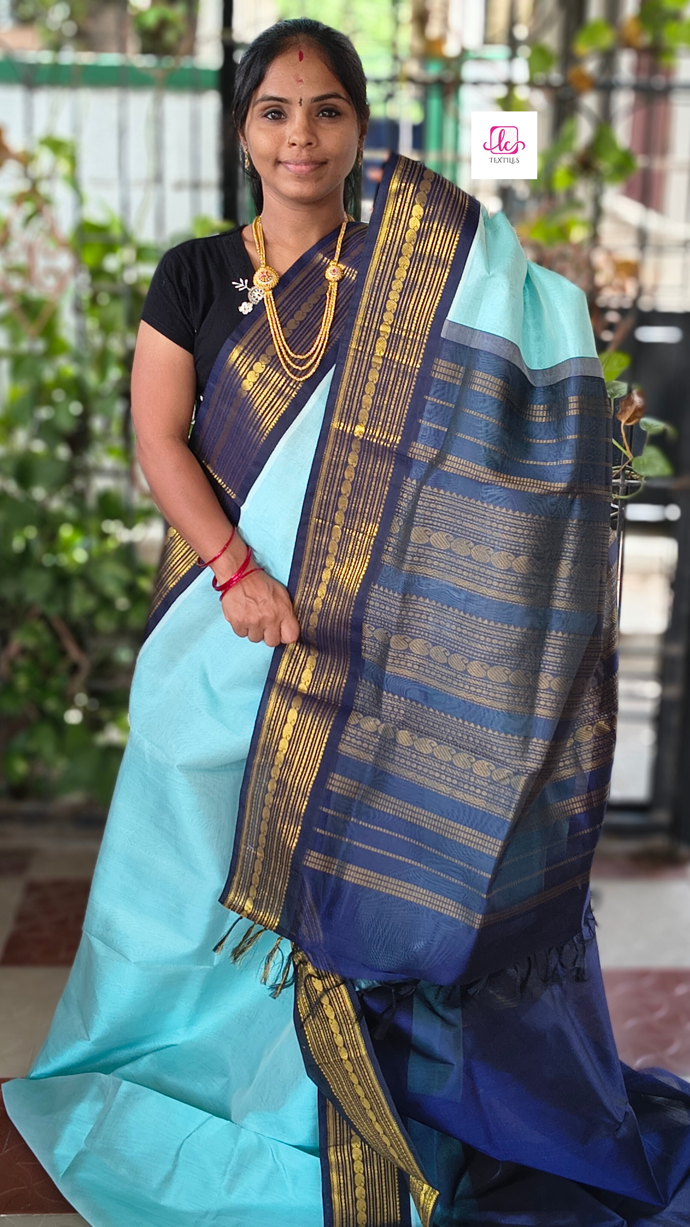 Handloom Kanchi  Silk Cotton Korvai Plain Pastel blue