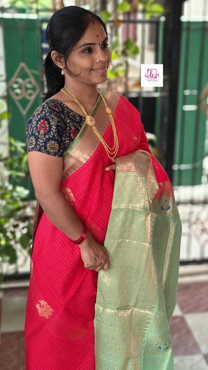 Handloom Kanchi  Silk Cotton Small checks big butta Red