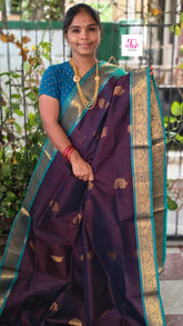 Handloom Kanchi  Silk Cotton Butta Navy Blue mixed brown