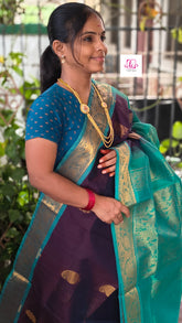 Handloom Kanchi  Silk Cotton Butta Navy Blue mixed brown