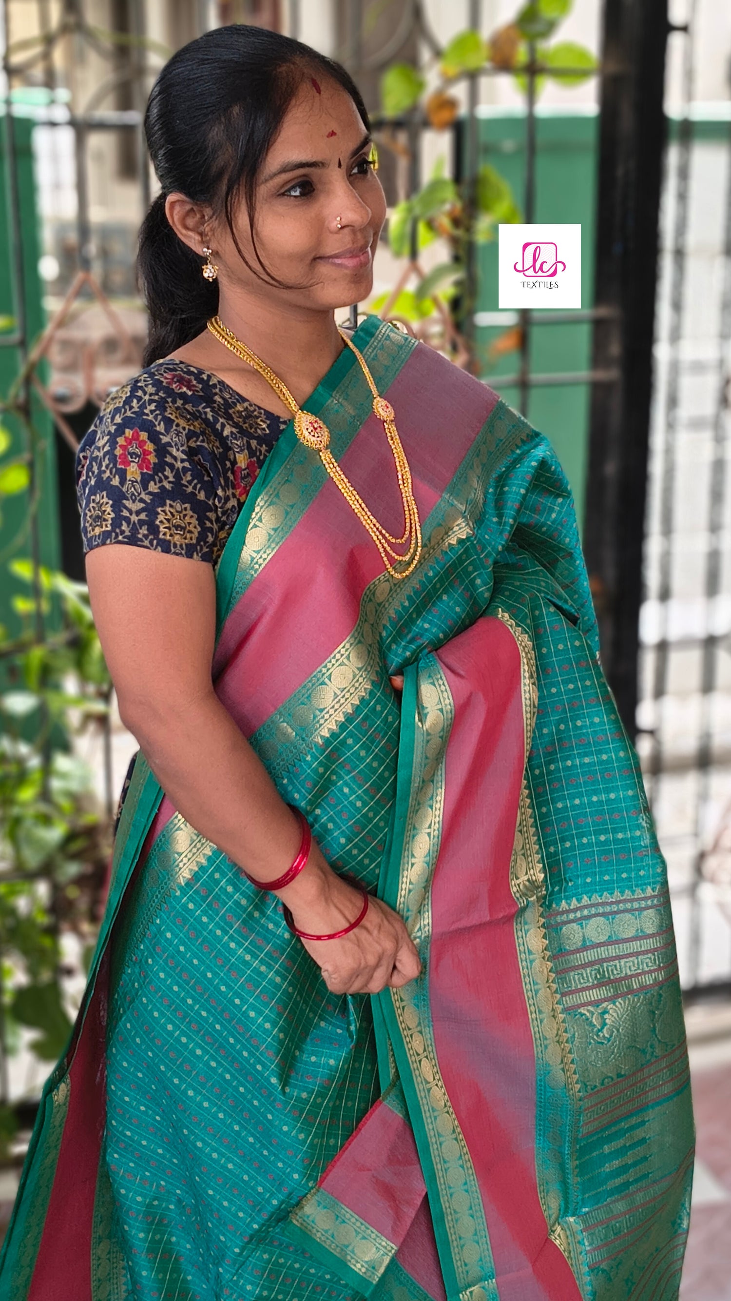 Handloom Kanchi  Silk Cotton Laksha deepam Rama Green