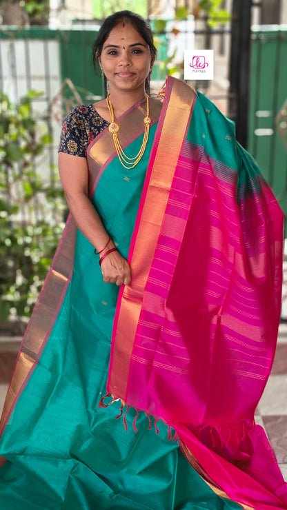 Handloom Kanchi  Silk Cotton Butta  Rama Green 