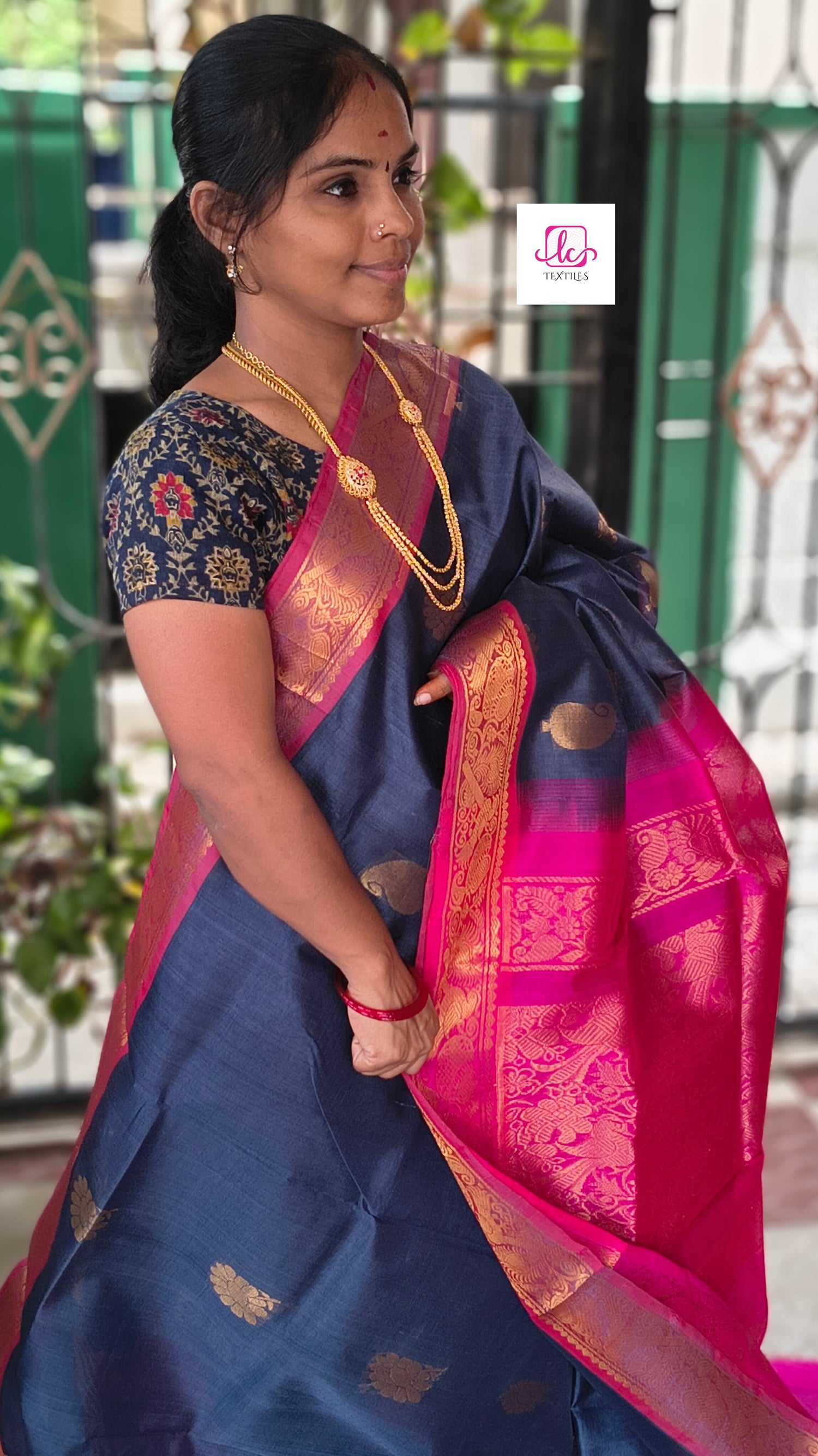 Handloom Kanci  Silk Cotton Butta Dark Blue Grey