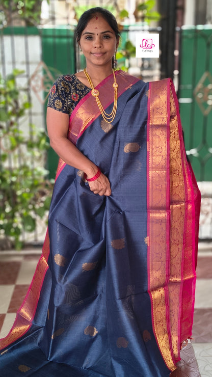 Handloom Kanci  Silk Cotton Butta Dark Blue Grey