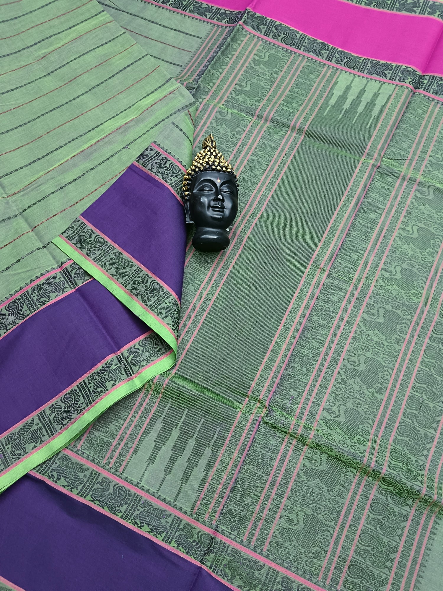 Heritage Handwoven Cotton Veldhari  Neon Green Pink Dual Tone 