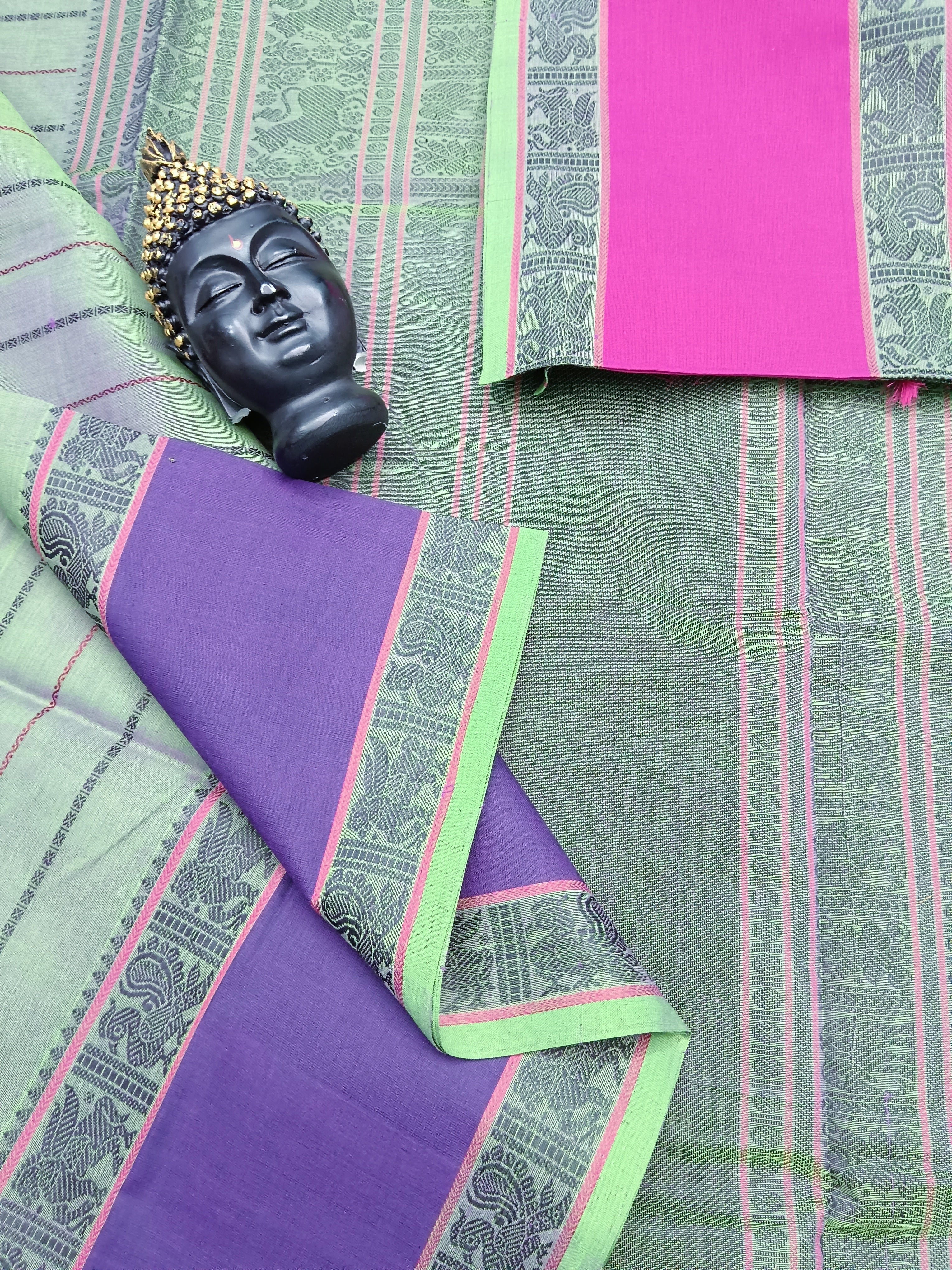 Heritage Handwoven Cotton Veldhari  Neon Green Pink Dual Tone 
