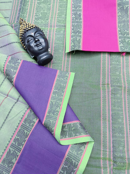 Heritage Handwoven Cotton Veldhari  Neon Green Pink Dual Tone 