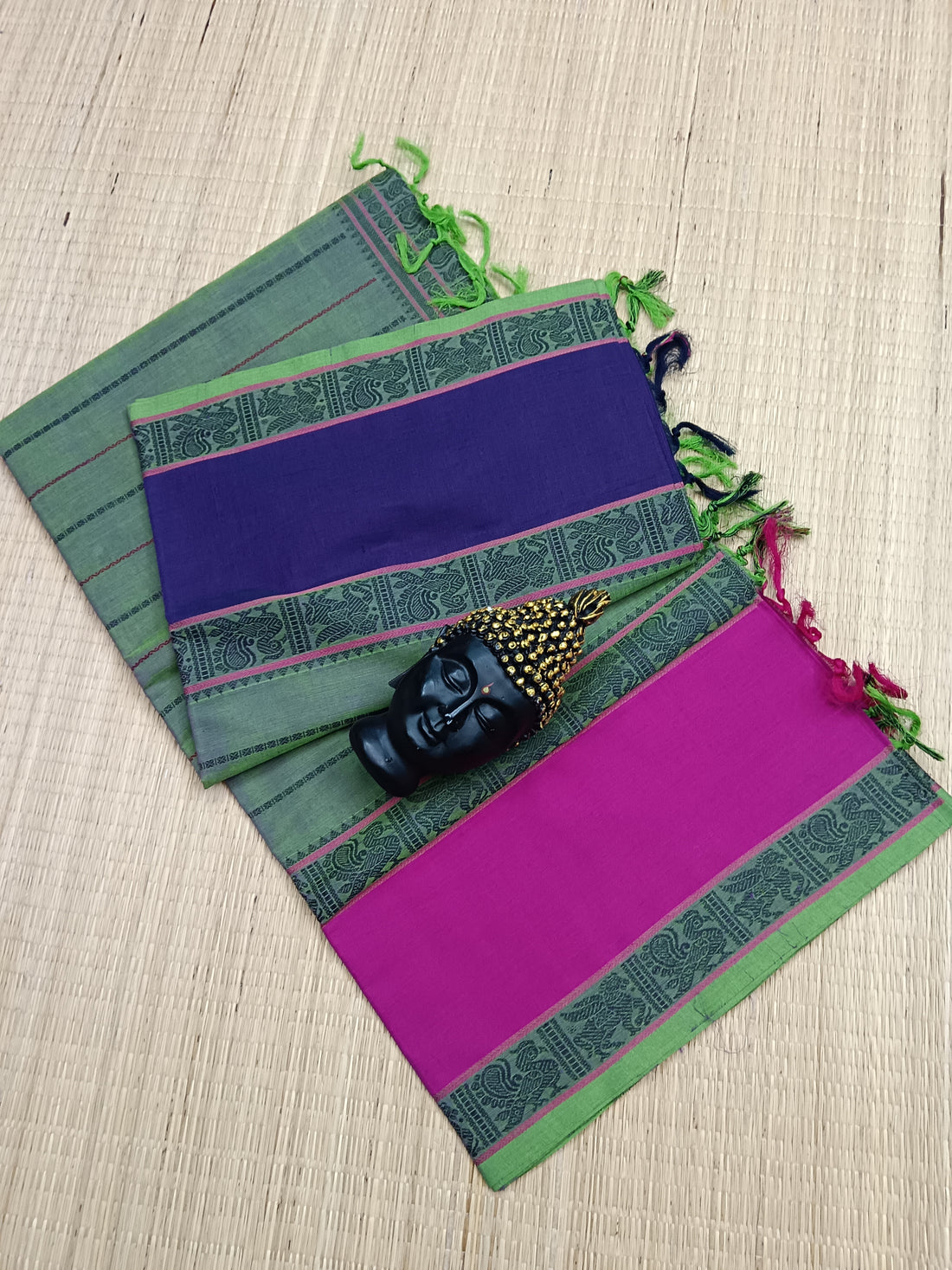 Heritage Handwoven Cotton Veldhari Neon Green Pink Dual Tone 