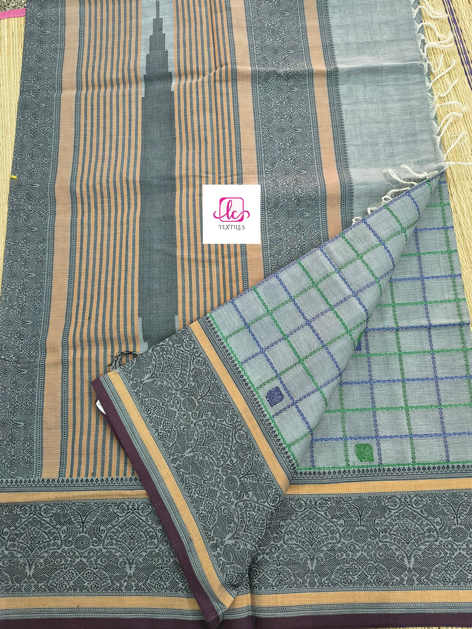 Heritage Handwoven cotton Big Checks Butta Grey 
