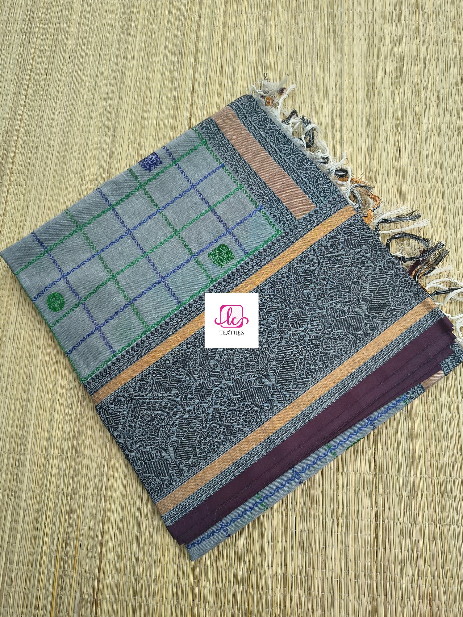 Heritage Handwoven cotton Big Checks Butta Grey 