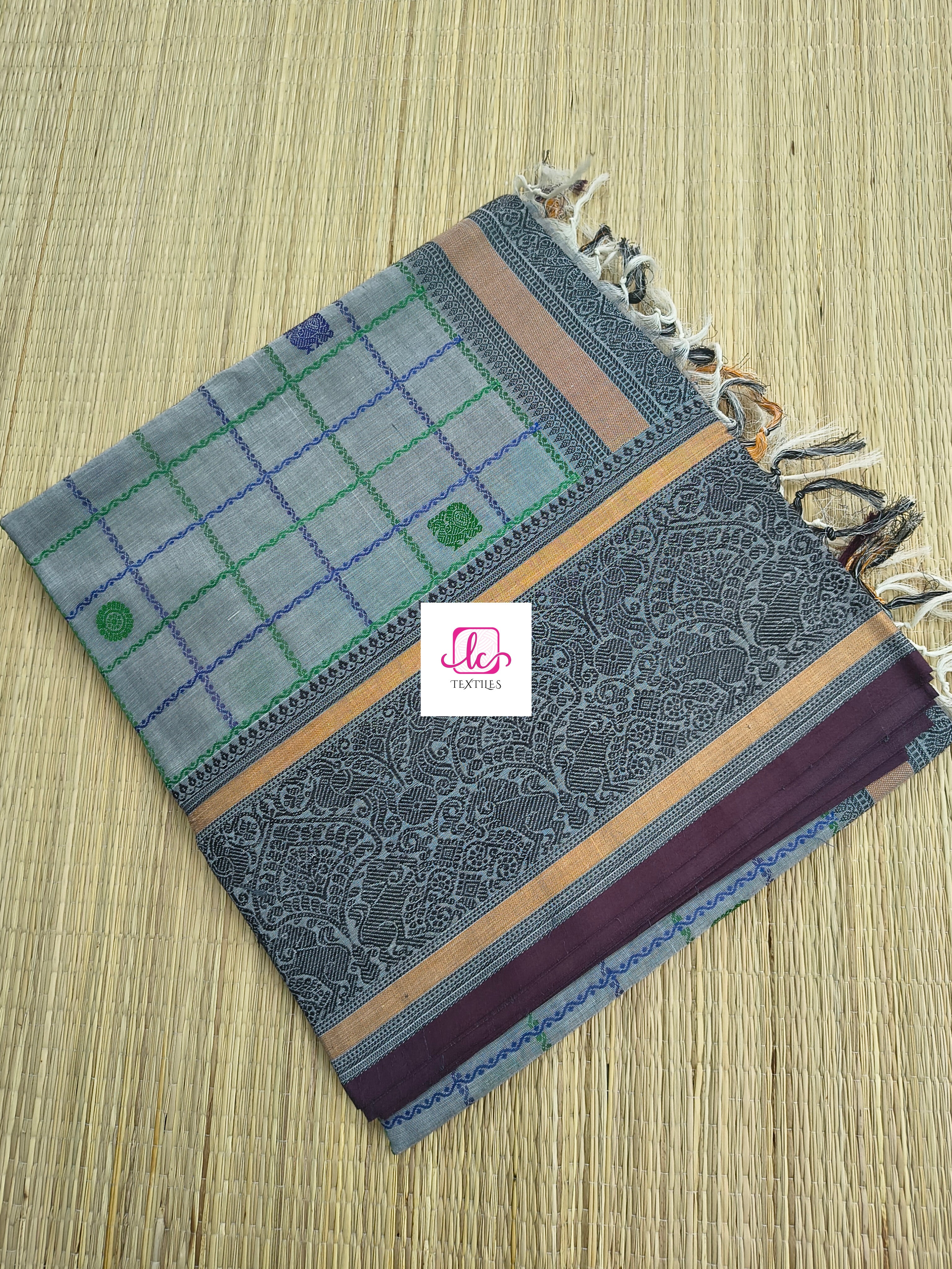 Heritage Handwoven cotton Big Checks Butta Grey 