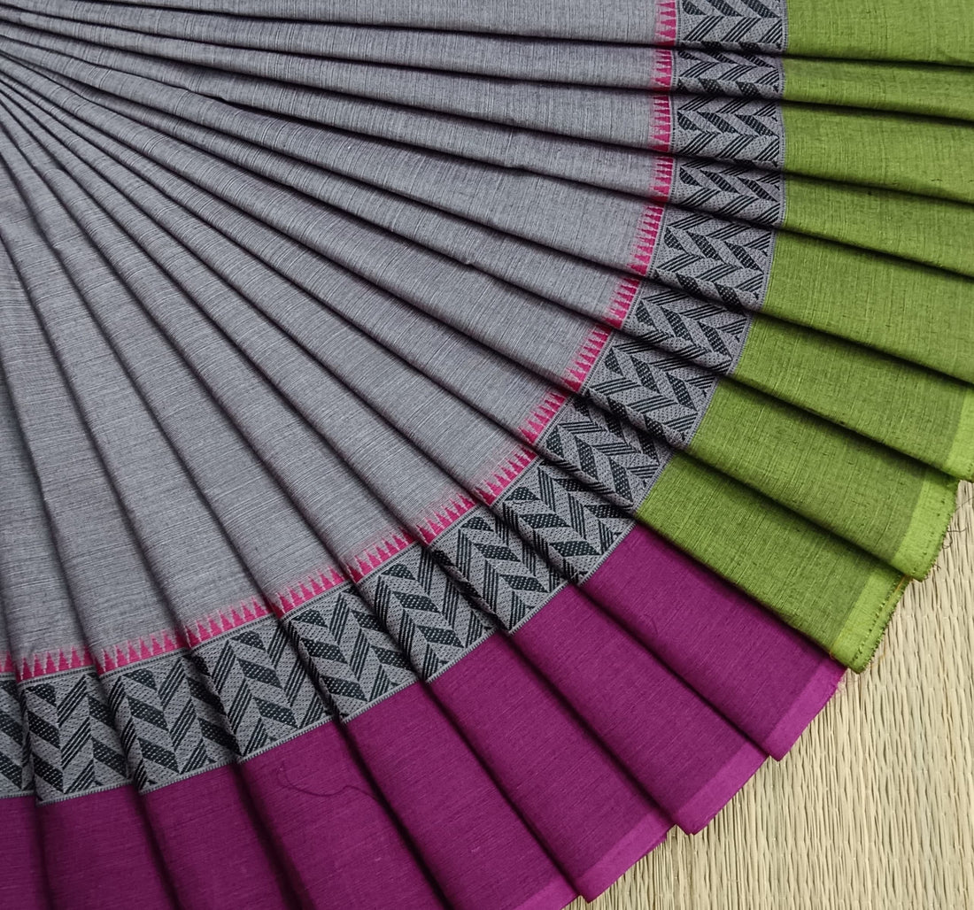 Chettinad Cotton -Off white mixed  purple With Ganga - jamuna Borders- CDW17