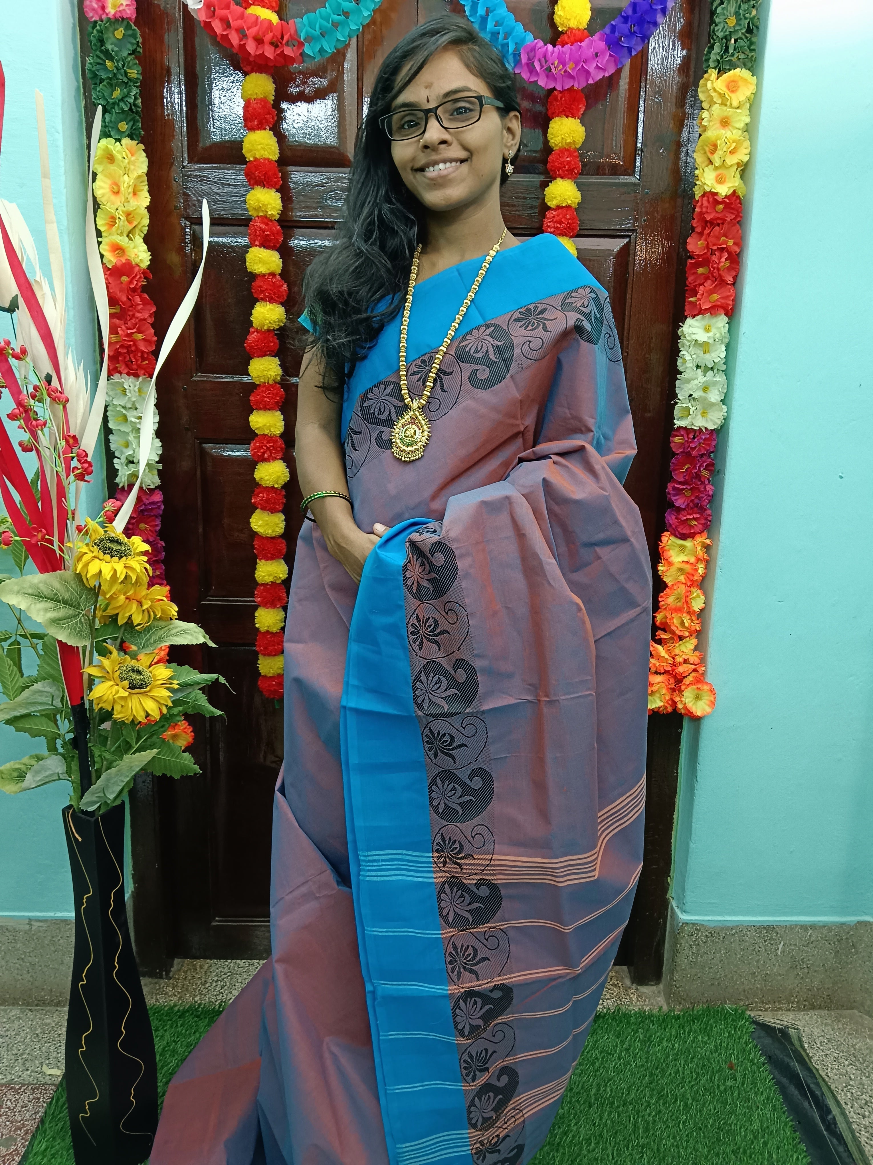 Chettinad Cotton Daily Wear  Orange with blue dual ton Saree - CDW03