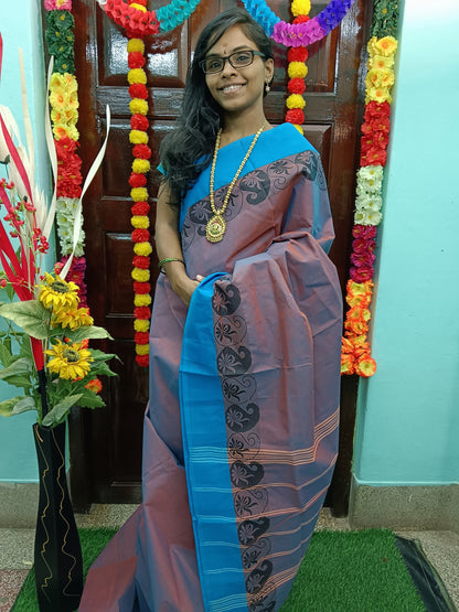 Chettinad Cotton Daily Wear  Orange with blue dual ton Saree - CDW03