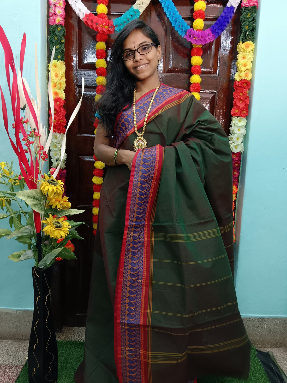 Chettinad Cotton Daily Wear Pine Green with red Dual Tone Saree - CDW04