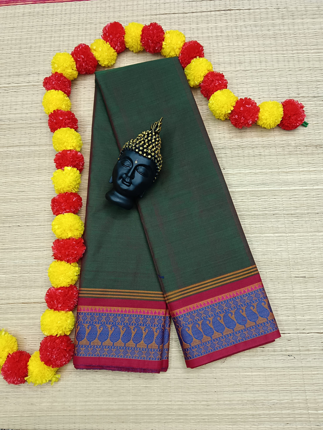 Chettinad Cotton Daily Wear Pine Green with red Dual Tone Saree - CDW04