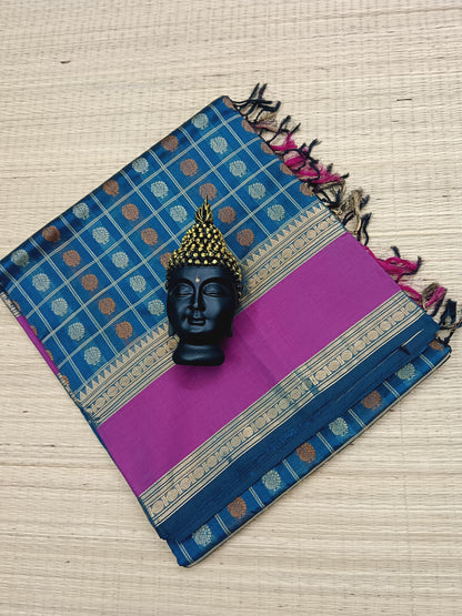 Handloom Kanchi Silk Cotton - 1000 Butta - Peacock Blue - HSC06