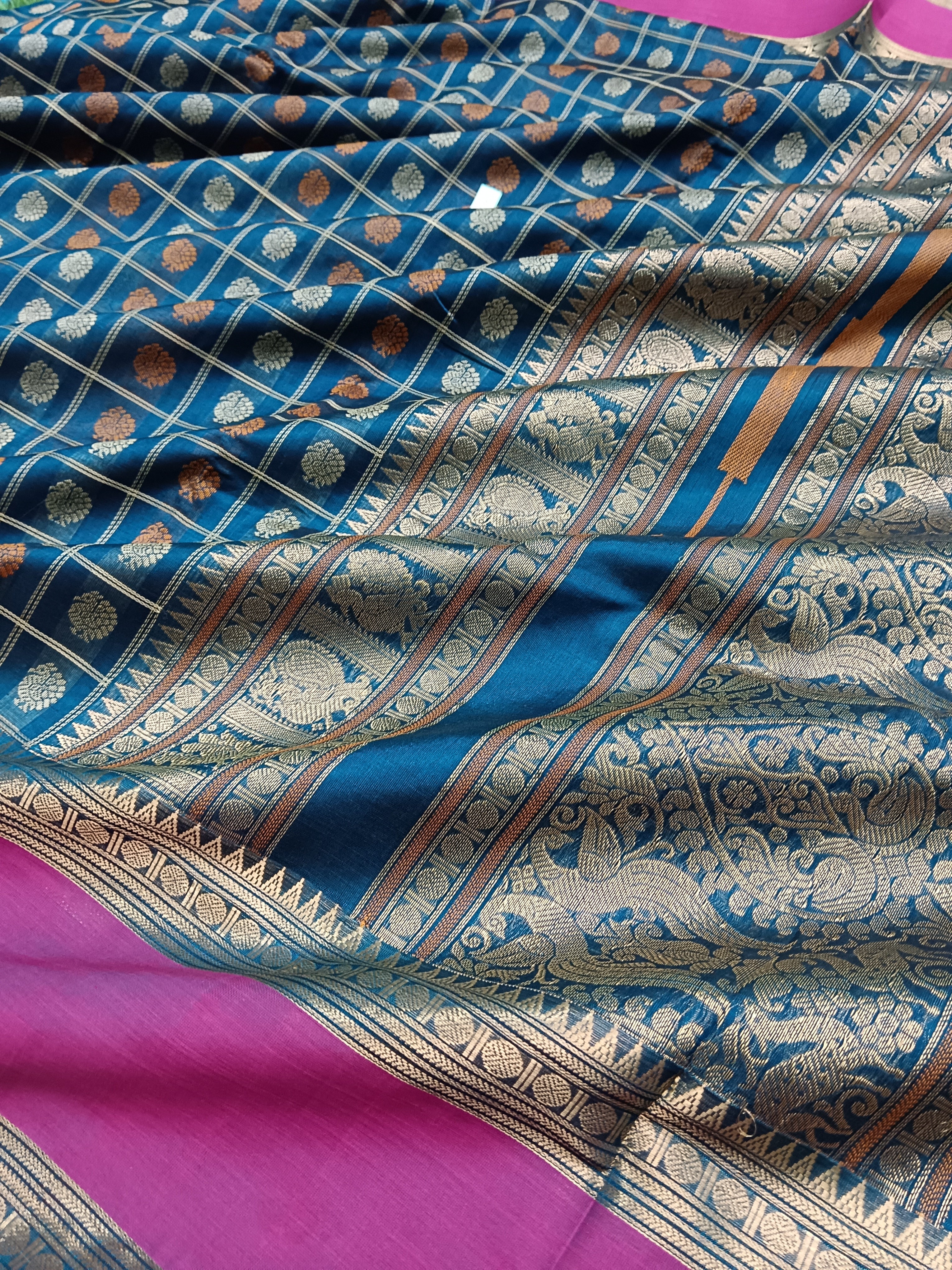 Handloom Kanchi Silk Cotton - 1000 Butta - Peacock Blue - HSC06