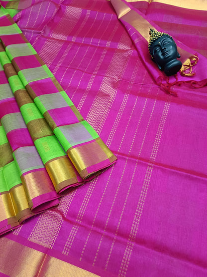 Handloom Kanchi Silk Cotton Checks butta - Parrot Green with Pink -HSC03