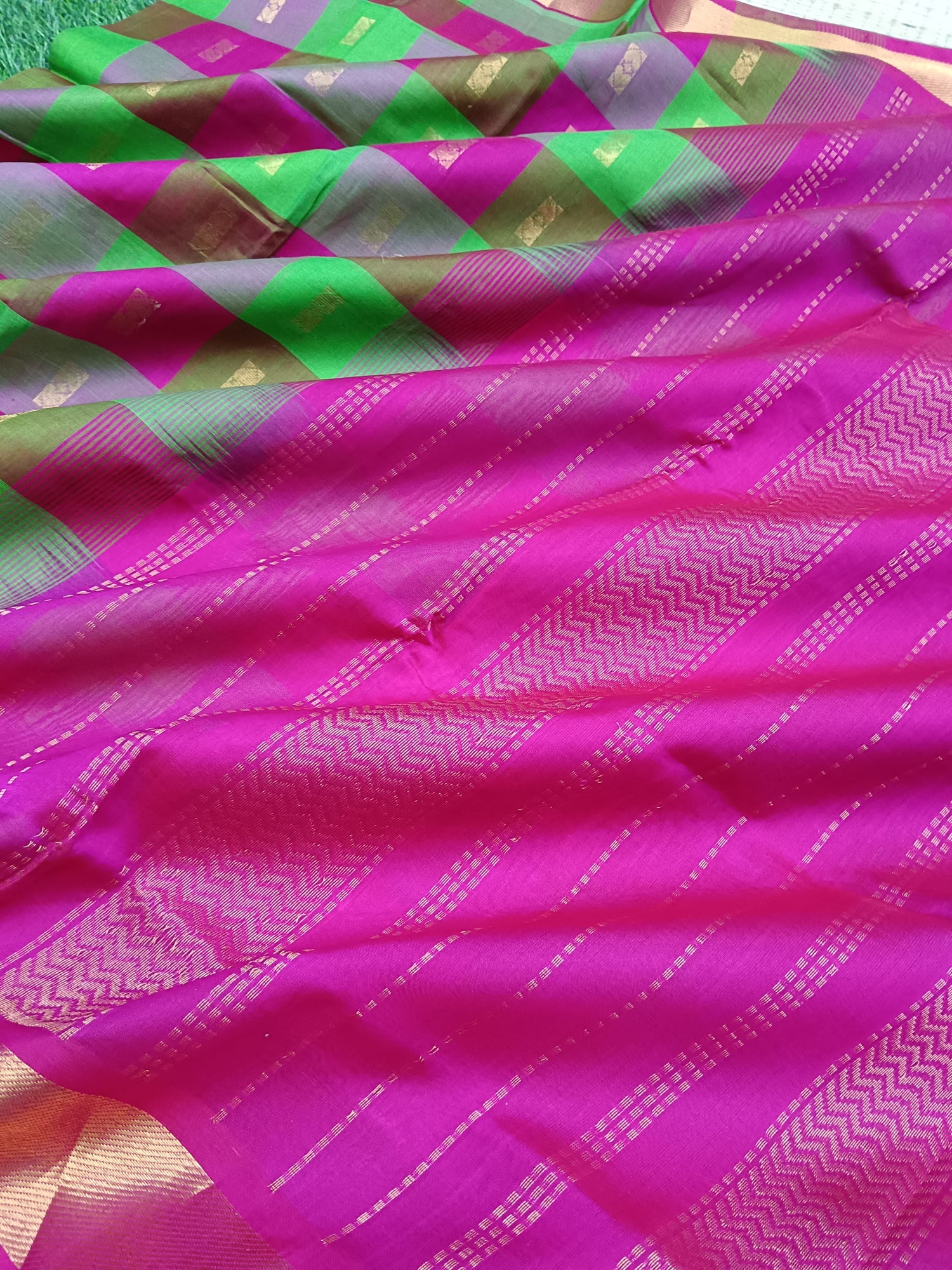 Handloom Kanchi Silk Cotton Checks butta - Parrot Green with Pink -HSC03