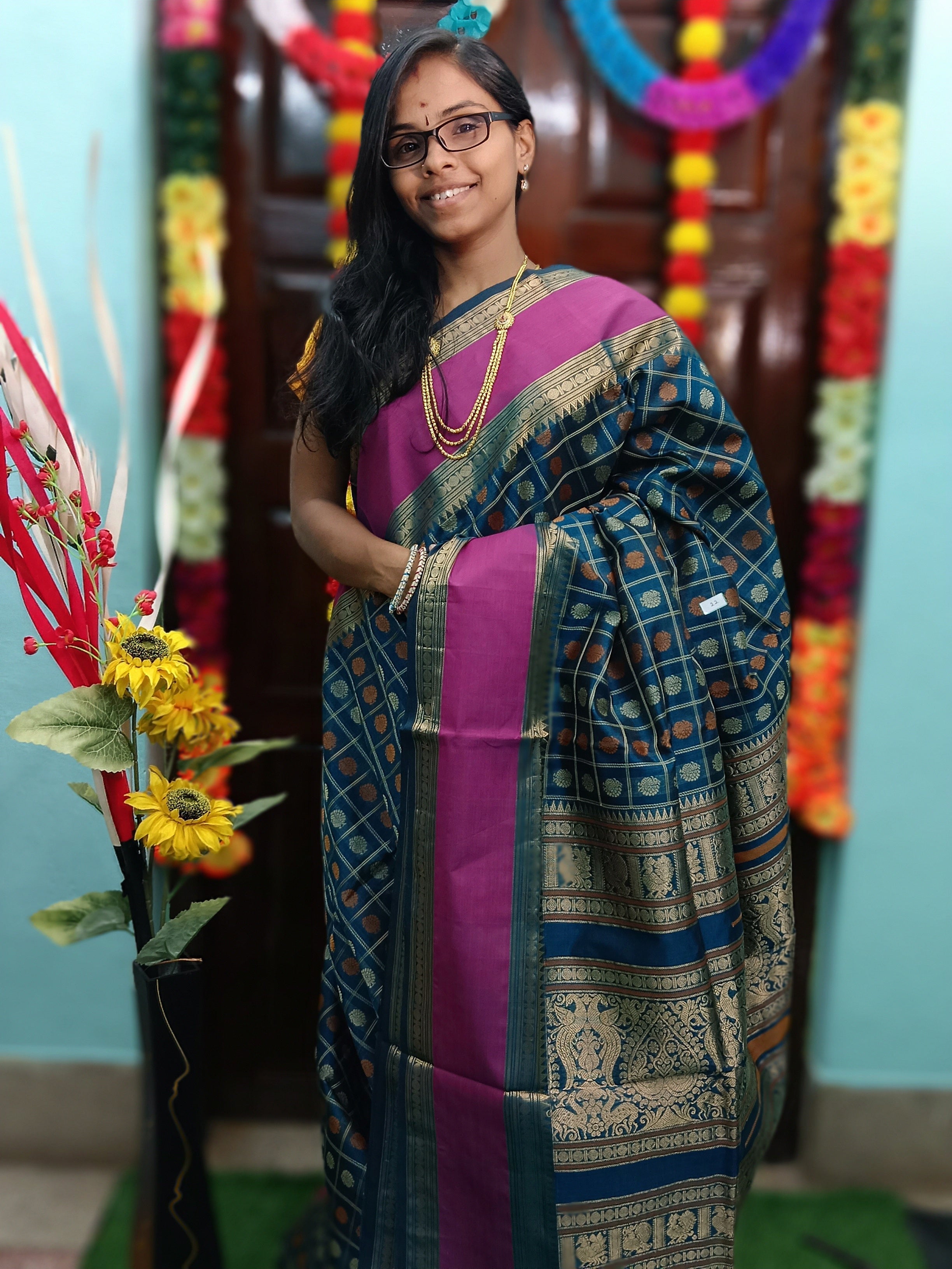 Handloom Kanchi Silk Cotton - 1000 Butta - Peacock Blue - HSC06