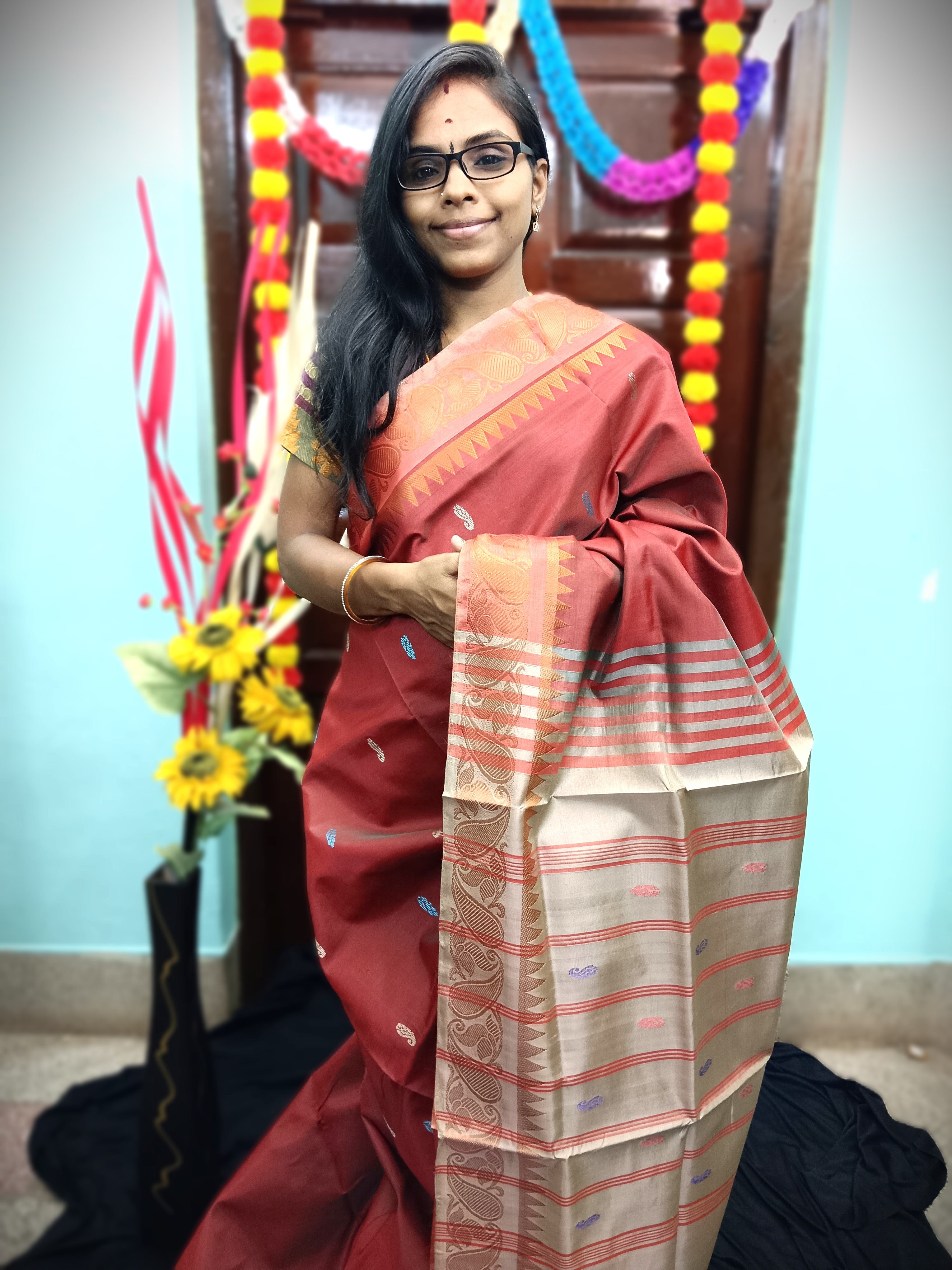 Banana Pith Silk(Vazhai Naar Pattu) - Butta -Chrimson Dual Tone - 04