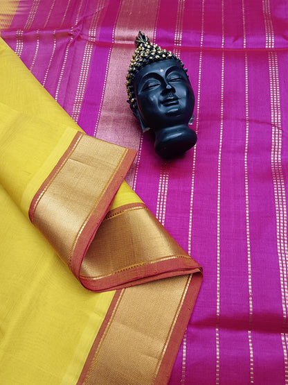 Handloom Kanchi Silk Cotton -Plain -Yellow - HSC09