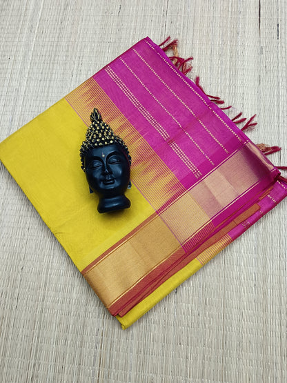 Handloom Kanchi Silk Cotton -Plain -Yellow - HSC09