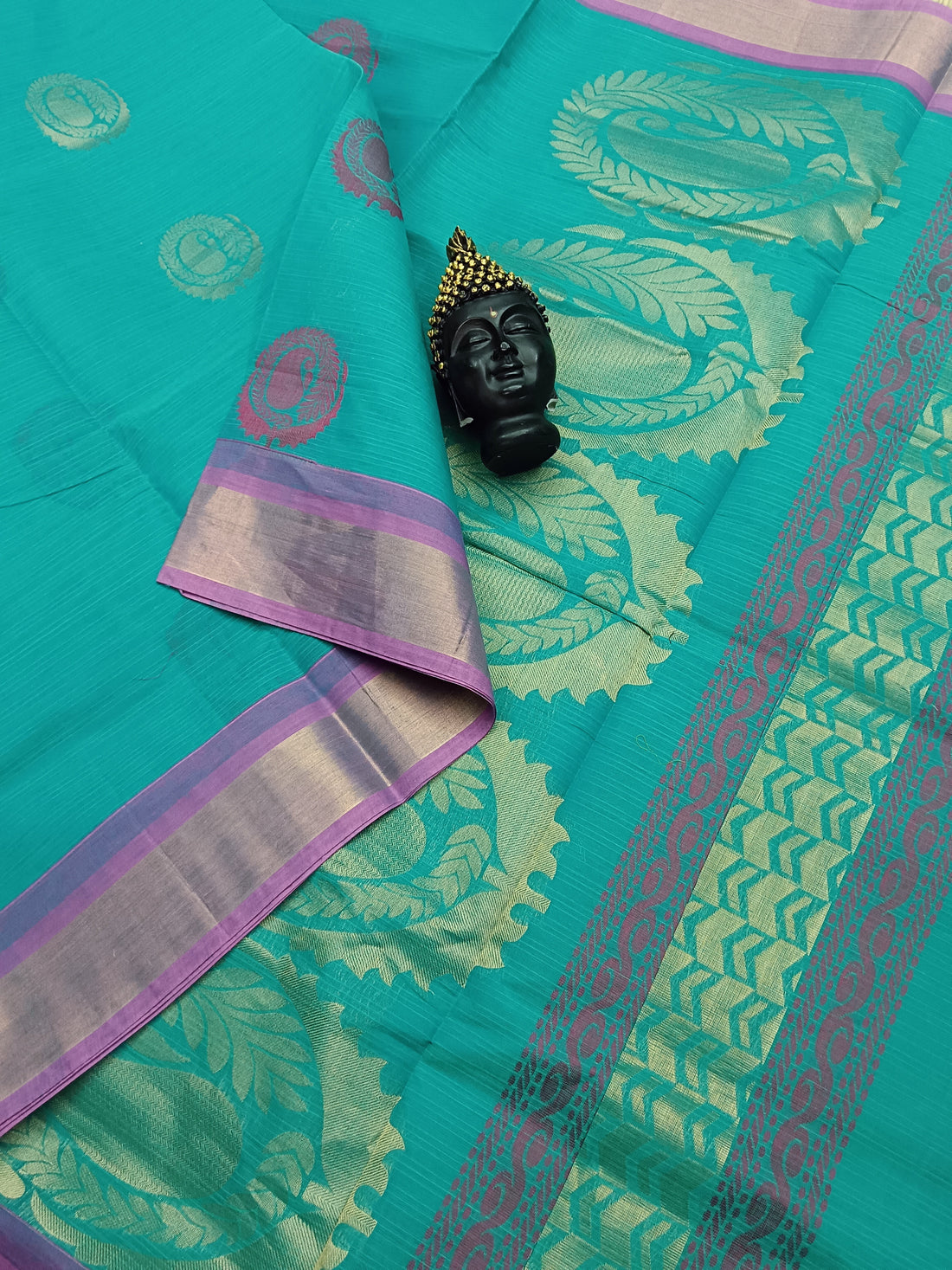 Negamam Cotton Saree - Mango Buta - Zari -Sea greenish Blue- NC 09