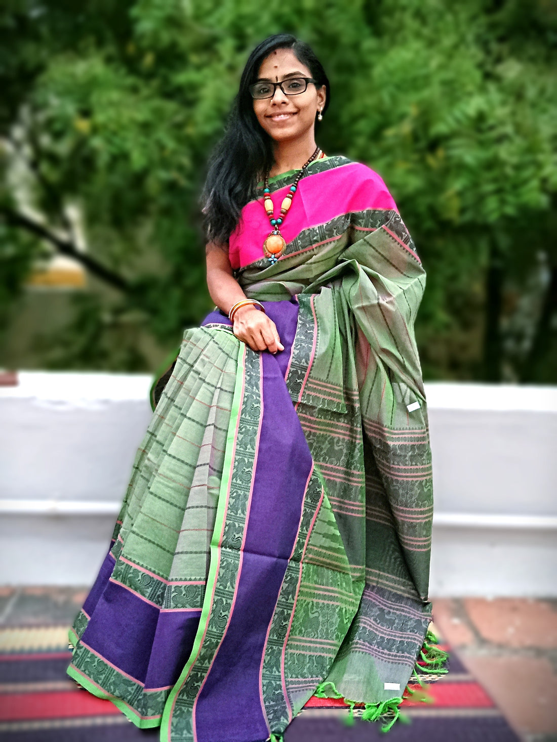 Heritage Handwoven Cotton - Veldhari - Neon Green Pink Dual Tone - HC10